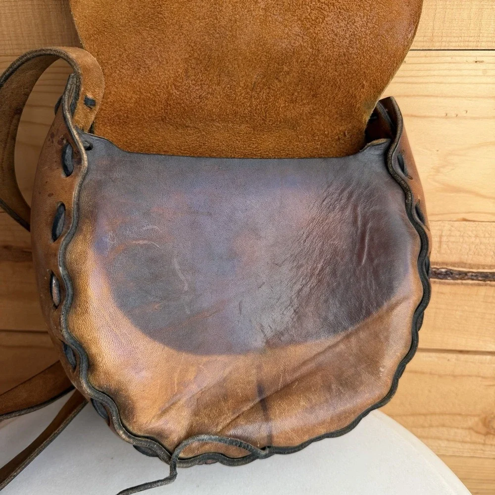VTG 60's Hand Made Hippie Leather Shoulder Bag Purse Floral Embossed Boho *Flaws